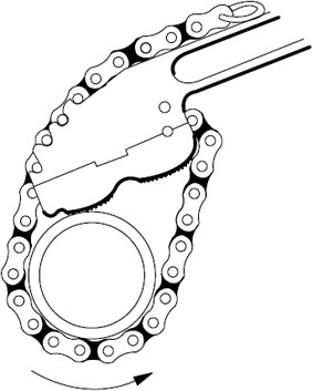 поворот одностороннего цепного трубного ключа с двойными губками вправо рид reed